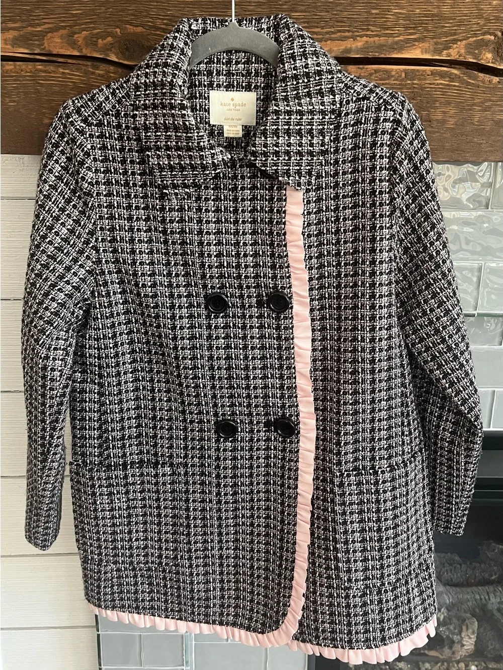 Kate Spade New York Tweed Double Breasted Ruffle Trim Jacket Kids 14 Years 164